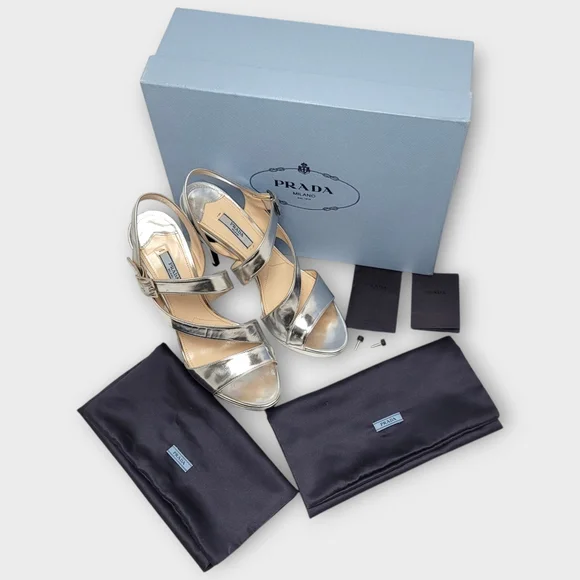 Prada Metallic Silver Platform Slingeback Strappy Straps Heel Sandals Size 39.5 - Picture 3 of 16